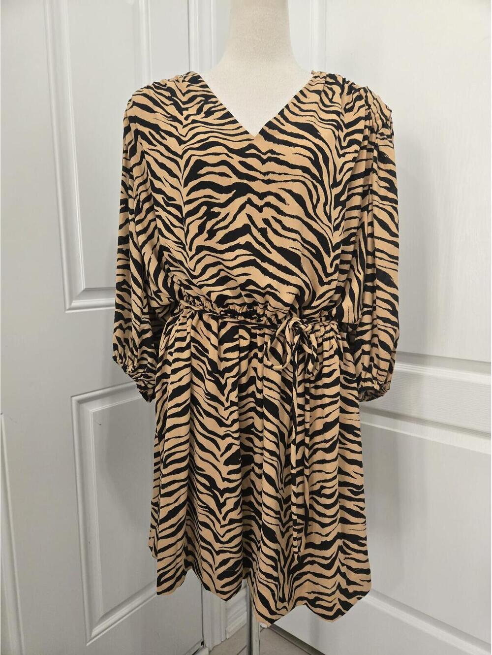 Rebecca Minkoff Isabella Mini Dress Women's XL Brown Tiger Print Tie Waist